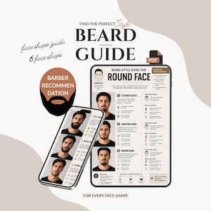 May include: A digital beard style guide displayed on a tablet and smartphone screen. The guide features text titled BEARD GUIDE, face shape guide, and barber recommendation. It includes illustrations of beard styles for a round face, including extended goatee, chin strap beard, and anchor beard, with maintenance tips and beard length diagrams.