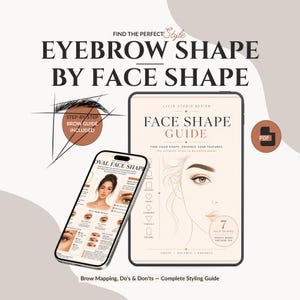 Pode incluir: Um guia digital intitulado Eyebrow Shape by Face Shape apresentando um tablet e um smartphone exibindo técnicas de mapeamento de sobrancelhas, categorias de formato de rosto e instruções passo a passo, incluindo um ícone PDF.