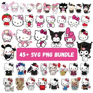 Op de afbeelding: Een digitale collectie van meer dan 45 Hello Kitty en Sanrio karakterillustraties in SVG- en PNG-formaat. De bundel bevat diverse ontwerpen, waaronder figuren met afstudeerhoeden, in kostuums en horror-thema's met de tekst 45+ SVG PNG BUNDLE.