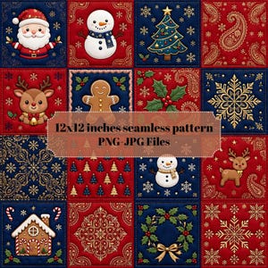 May include: A digital seamless pattern featuring a grid of Christmas-themed squares with Santa, snowmen, reindeer, gingerbread, trees, snowflakes, and paisley designs in red, blue, and gold. Text reads 12x12 inches seamless pattern PNG-JPG Files.
