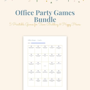 Könnte beinhalten: Ein digitales, ausdruckbares Büro-Partyspiel-Paket mit einer fünf-mal-fünf-Raster-Büro-Bingo-Karte. Die Karte enthält Kontrollkästchen und Textaufforderungen zu gängigen Büroszenarien. Die Überschrift lautet Office Party Games Bundle 5 Printable Games for Team Building & Happy Hours.