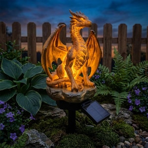 May include: A solar-powered garden stake featuring a sculpted dragon perched on a rock base. The dragon is illuminated from within with a warm golden glow, highlighting its textured scales and spread wings. A black solar panel is attached to the stake.