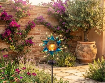 Metal Sun Garden Stake – Solar Powered Cracked Glass Orb with LED Lights