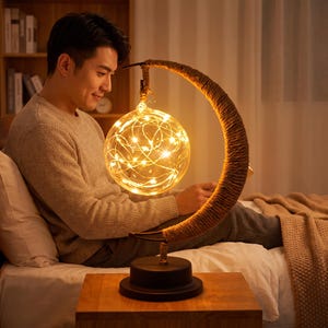 May include: A crescent moon-shaped table lamp featuring a brown rope-wrapped frame and a clear glass sphere containing warm white LED string lights. The lamp sits on a circular black base, providing a soft glow from the illuminated glass orb.