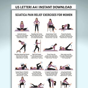 May include: A digital chart titled Sciatica Pain Relief Exercises for Women, featuring illustrations of a person in a purple long-sleeve shirt and black leggings performing various stretches and movements with instructional text for each exercise.