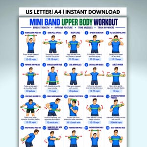 May include: A digital workout chart titled Mini Band Upper Body Workout featuring twenty numbered illustrations of a person in a blue shirt and black shorts demonstrating exercises with a green resistance band, including text instructions and rep counts.