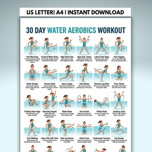 30-dniowe wyzwanie treningu aerobiku wodnego do druku, plan treningu w basenie, tabela ćwiczeń aqua fitness, plakat z treningiem całego ciała w wodzie