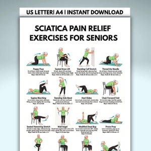 Sciatica Pain Relief Exercises for Seniors | Printable PDF | Gentle Stretching Guide | Chair Exercises | Instant Digital Download