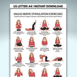 Op de afbeelding: Een digitale poster getiteld VAGUS NERVE STIMULATION EXERCISES met 16 illustraties van een persoon in een rood shirt met lange mouwen en een zwarte legging die verschillende ontspanningstechnieken uitvoert met bijbehorende tekst.