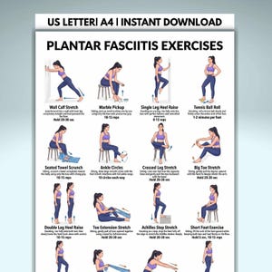 May include: A white informational poster titled PLANTAR FASCIITIS EXERCISES with US LETTER | A4 | INSTANT DOWNLOAD text. It features twelve illustrated figures in purple athletic wear demonstrating various physical therapy stretches.