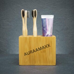 Modern Wooden Toothbrush Holder with Toothpaste Storage | Stylish Bathroom Organizer Accessory | Stores 4 Toothbrushes and 1 Toothpaste