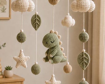 Dinosaur Baby Mobile, Crochet Dinosaur Crib Mobile, Sage Green Nursery Decor, Neutral Baby Mobile, Dinosaur Nursery Gift, Handmade  Mobile