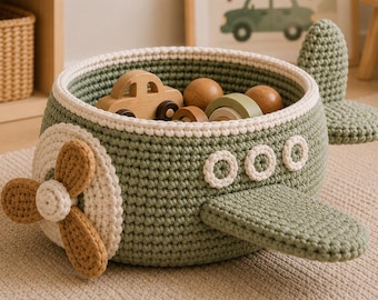 Speelgoedmand in de vorm van een vliegtuig, gehaakte mand in de vorm van een vliegtuig, speelgoedorganizer voor kinderen, opbergbak voor de babykamer, decoratie voor de babykamer in de vorm van een vliegtuig, kraamcadeau