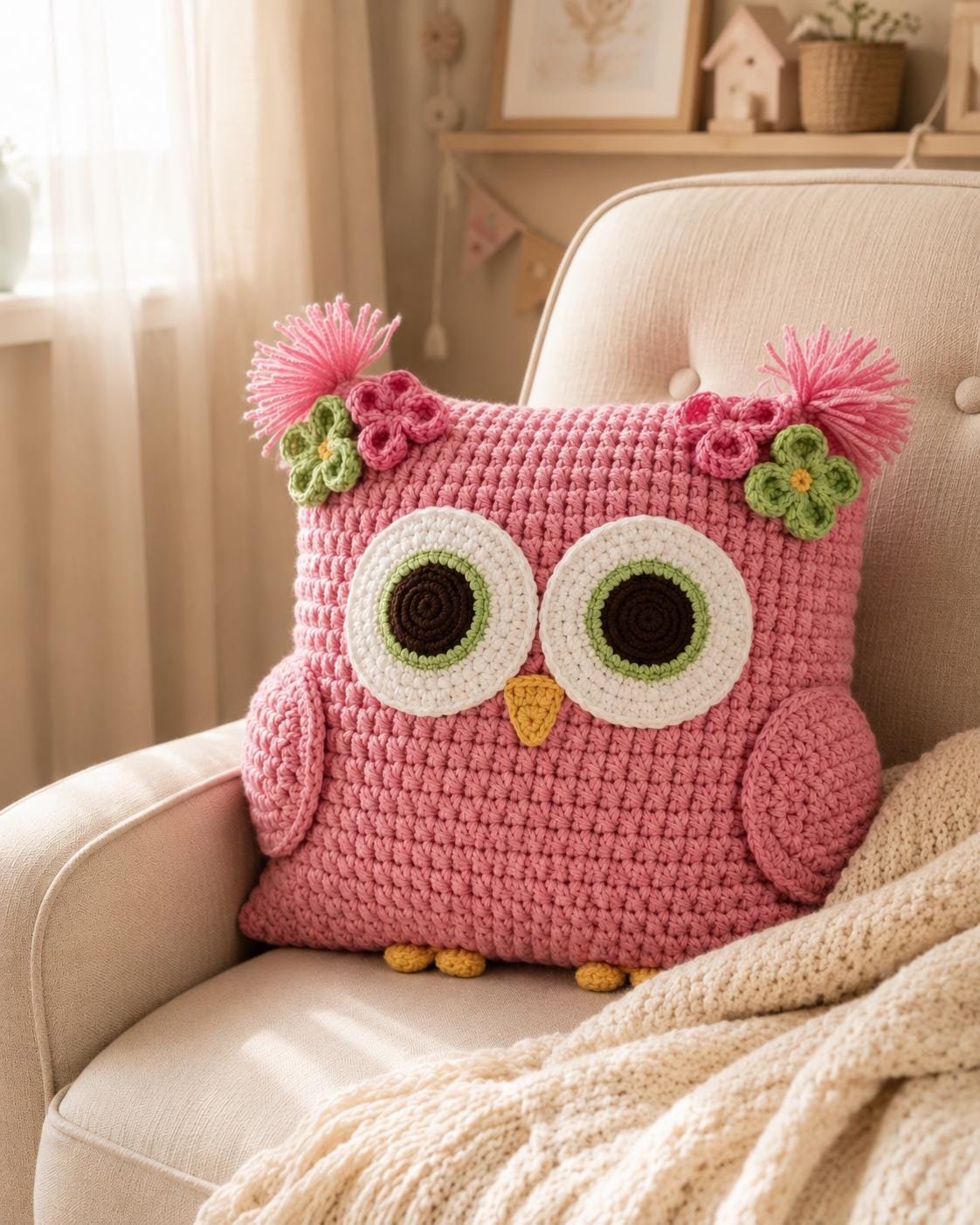 Crochet Owl Pillow, Handmade Nursery Pillow, Owl Cushion, Kids Room Decor, Woodland Nursery Decor, B