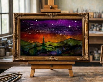Starry Mountain landscape, Original alcohol ink art, fine art print,  Colorful sunset, mountains, sunrise,