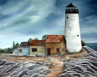 Lighthouse, By the sea, Art Print, Original acrylic painting, sea shanties, sea shanty, beach house, lighthouses, rocky beach path