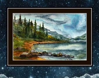 Mountain Lake Scene, mountains, lakes, Art Print, Original watercolor art, landscape, lake landscape,