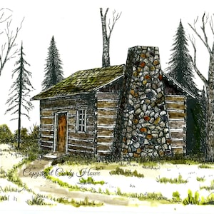 Log cabin print, country, cabin, landscape, cabins, pen and ink, stone chimney, old cabin, original Pen and Ink with watercolor