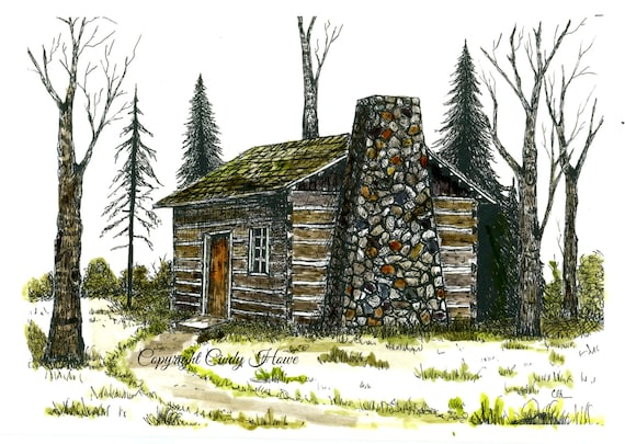 Log Cabin Print Country Cabin Landscape Cabins Pen And Etsy
