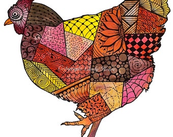 Quilted Chicken, png file, Chickens, transparent png file, watercolor and ink, instant download, Funky quilted chicken, Zentangle art,