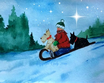 Sledding, Winter, Greeting cards, Christmas, blank inside, original art, OOAK, Winter greetings, seasonal, sleigh riding