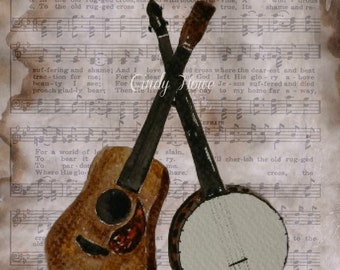 Digital art, Banjo, guitar, musical, instruments, acoustic instrument, bluegrass art, digital download