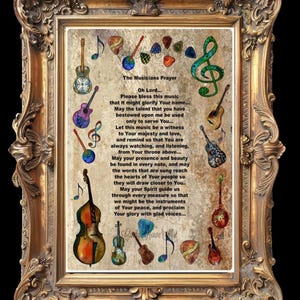 May include: A framed print featuring a musical prayer with various watercolor-style guitars, musical notes, and a treble clef. The ornate gold frame surrounds the text "The Musicians Prayer". The artwork has a vintage aesthetic.