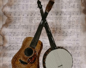 Guitar/Banjo art, acoustic guitar and banjo, guitar, banjo, original watercolor, musical instruments, musical, music, Bluegrass