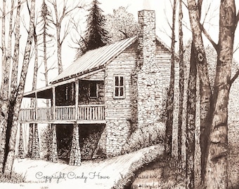 Log cabin print, country, cabin, landscape, mountain cabin, pen and ink, stone chimney, old cabin