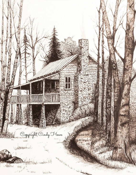Cabin Art Greeting Cards Blank Inside Cabin Rustic Log Etsy