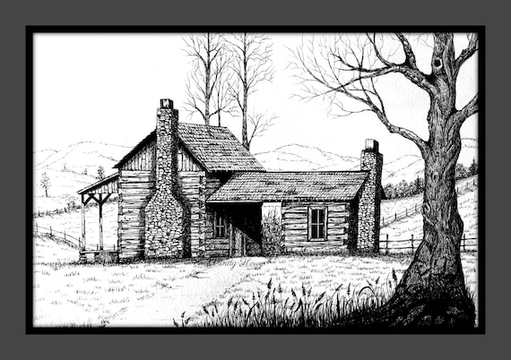 Log Cabin Print Country Cabin Landscape Mountain Cabin Etsy