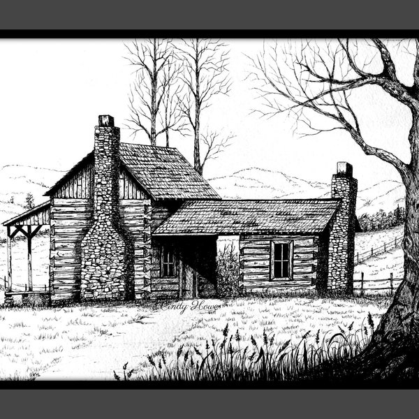 Log cabin print, country, cabin, landscape, mountain cabin, pen and ink,  old cabin, cabin art, log cabins, Original art, pen and ink art