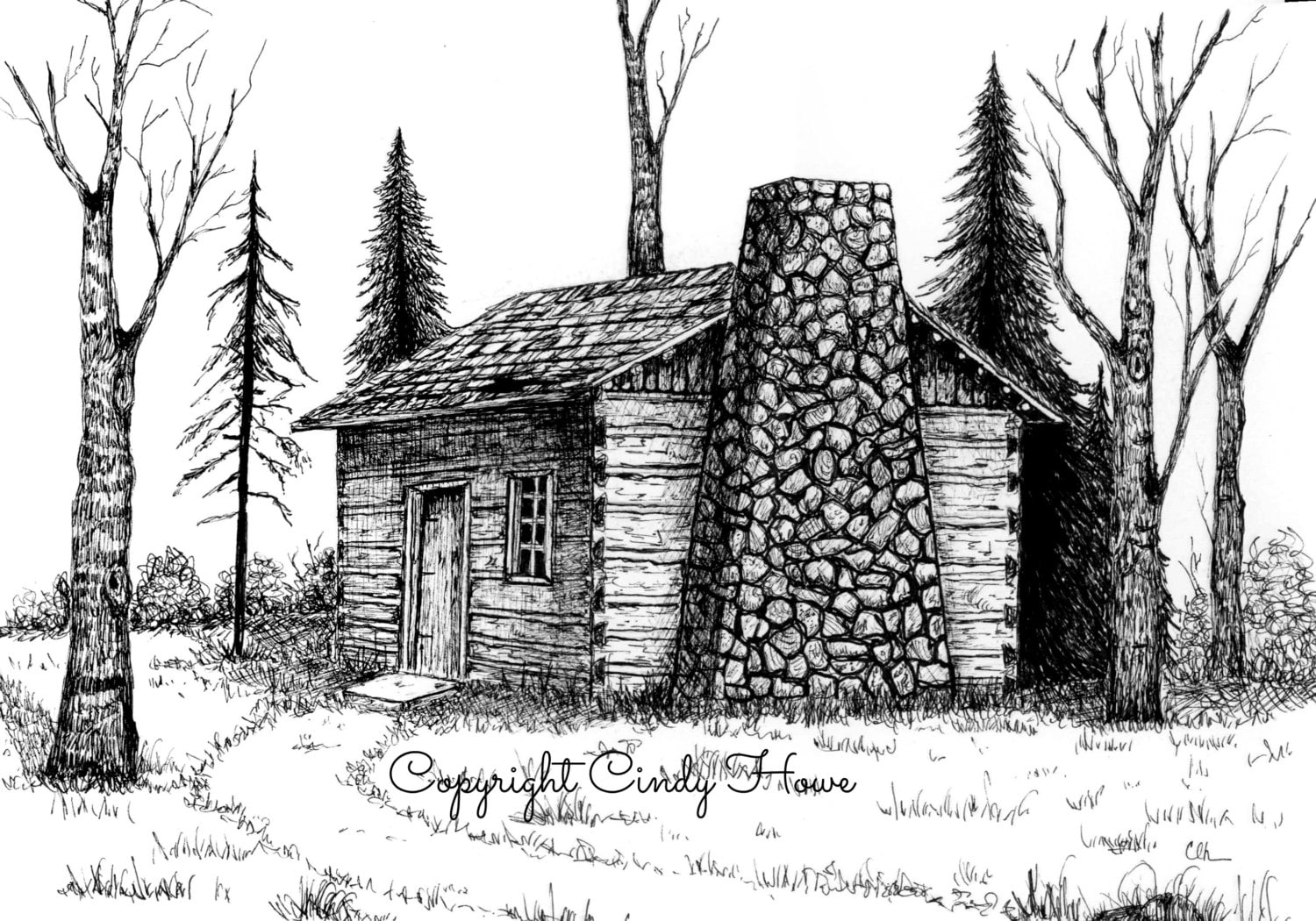 Log Cabin Print, Country, Cabin, Landscape, Cabins, Pen and Ink