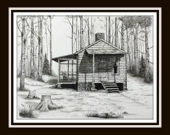 Log cabin print, country, cabin, landscape, mountain cabin, pen and ink,  old cabin, cabin art, log cabins, Original art, pen and ink art