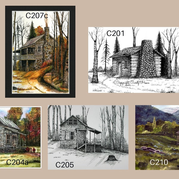 Cabin art, Greeting card, blank inside, cabin, rustic log cabin, cards, greeting cards, mountain cabin, pen and ink, house, stone chimney