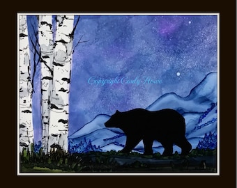 Bear, Black bear, Bear art, alcohol inks, Black bear art, bears, sunrise, sunset, magical, light rays