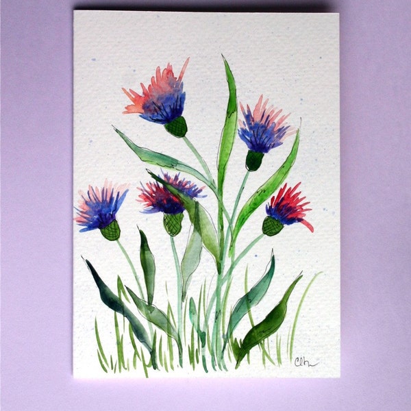 Watercolor card ,(No. 14), Bachelor Buttons, hand painted card, original artwork card, floral card, Botanical art, watercolor, blues, flower