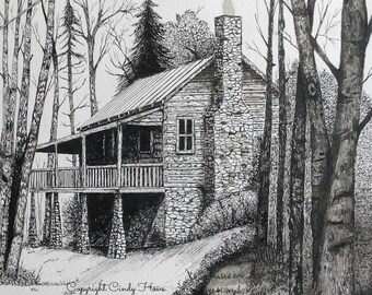 Log cabin print, country, cabin, landscape, mountain cabin, pen and ink, stone chimney, old cabin