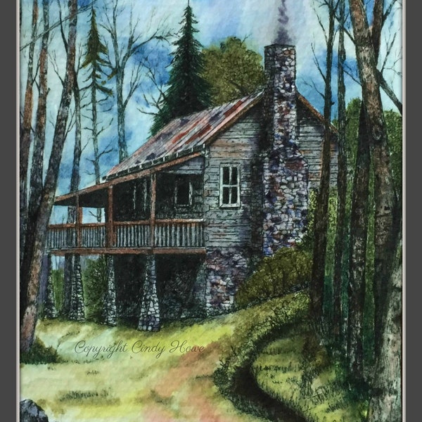 Log cabin print, country, cabin, landscape, mountain cabin, pen and ink, stone chimney, old cabin, log cabin, watercolor