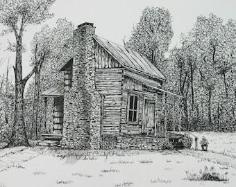 Log cabin print, country, cabin, landscape, mountain cabin, pen and ink, stone chimney, old cabin