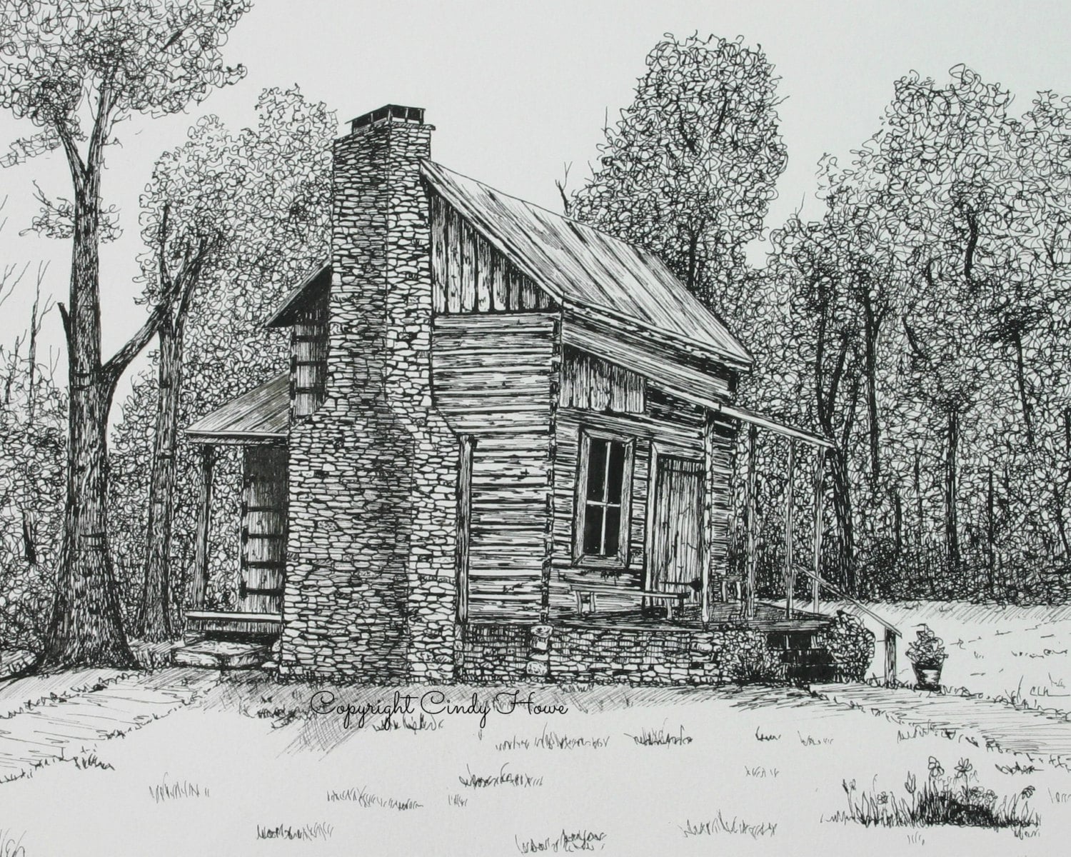 Log Cabin Print, Country, Cabin, Landscape, Cabins, Pen And Ink, Stone