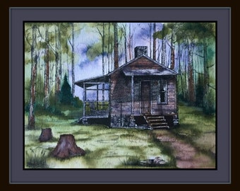 Log cabin print, country, cabin, landscape, mountain cabin, pen and ink,  old cabin, cabin art, log cabins, Original art, pen and ink art