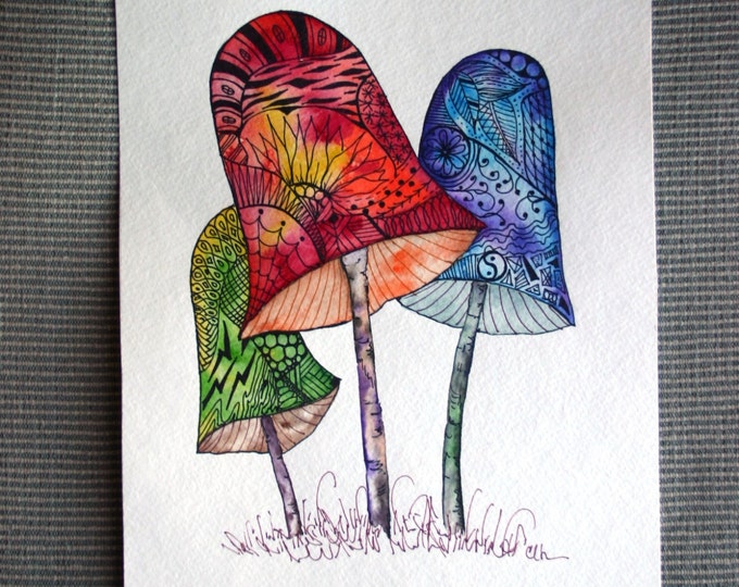 Zentangle Art, Original Art, Hand Painted Watercolor, Mushrooms