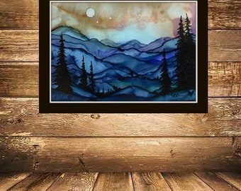 Enchanting Mountain landscape, Fine Art Print from Original alcohol ink art,  Magical colorful landscape,