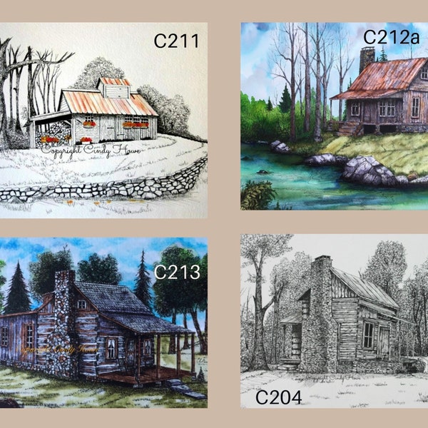 Cabin art, Greeting card, blank inside, cabin, rustic log cabin, cards,, mountain cabin, stone chimney, River, creek, country, Cabin art