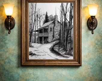 Log cabin fine art print, country landscape, Original pen and ink, stone chimney,