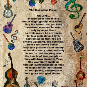 May include: A digitally painted artwork featuring musical instruments and notes. The central text reads "The Musicians Prayer," with a prayer below. Guitars, violins, and a bass are arranged around the text, with colorful accents.