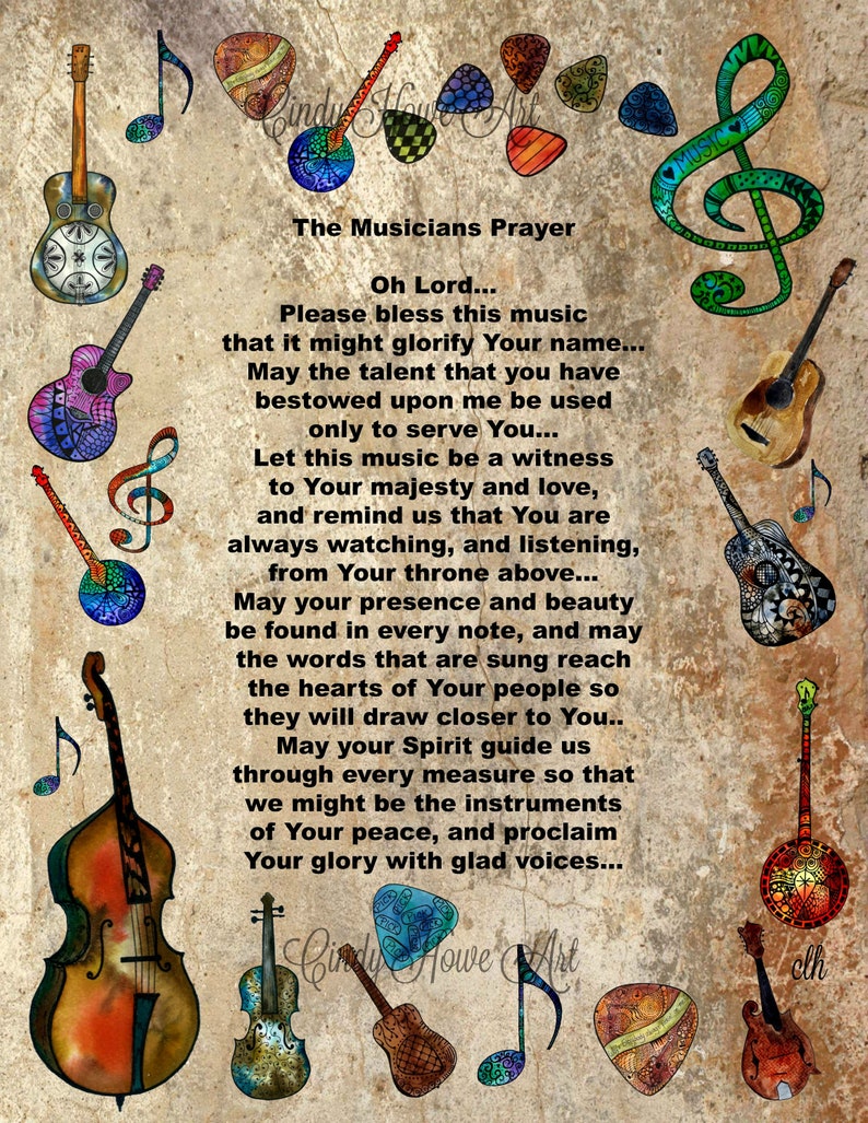 May include: A digitally painted artwork featuring musical instruments and notes. The central text reads "The Musicians Prayer," with a prayer below. Guitars, violins, and a bass are arranged around the text, with colorful accents.