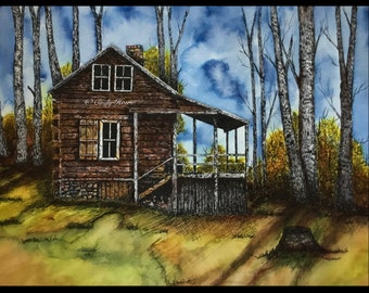 Log cabin print, country, cabin, landscape, mountain cabin, pen and ink,  old cabin, cabin art, log cabins, Original art, pen and ink art