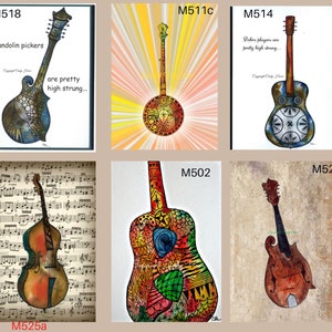 Musical instruments, Greeting cards, blank inside, mandolin, banjo, dobro, bass, guitar, acoustic instruments, bluegrass,